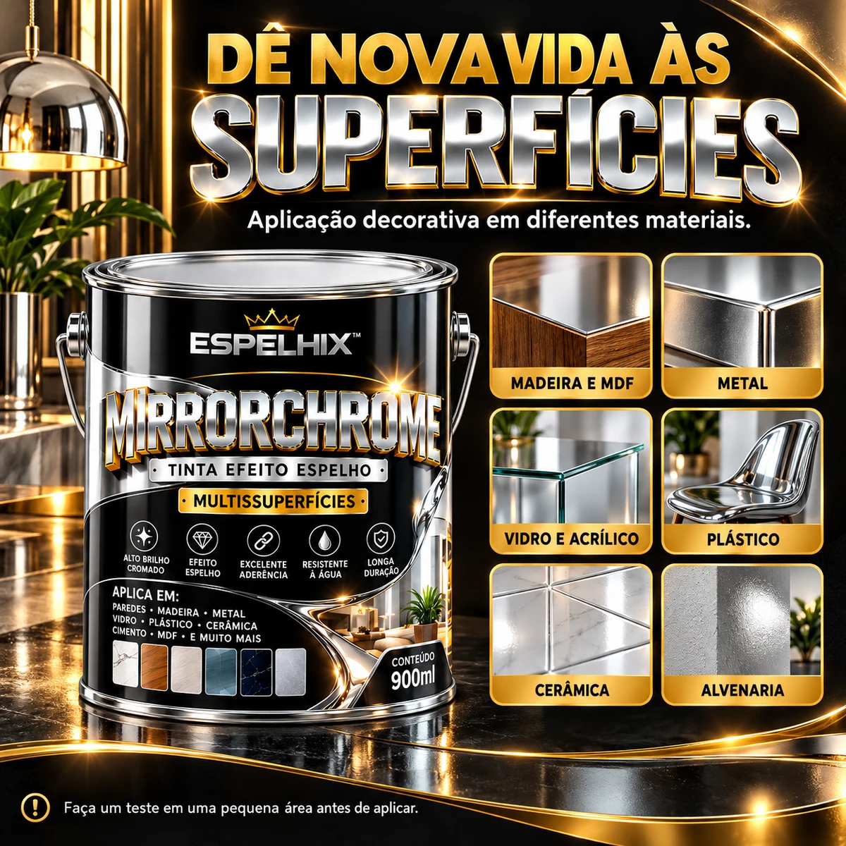 Medidas, capacidade ou compatibilidade de MirrorChrome — Tinta Efeito Espelho